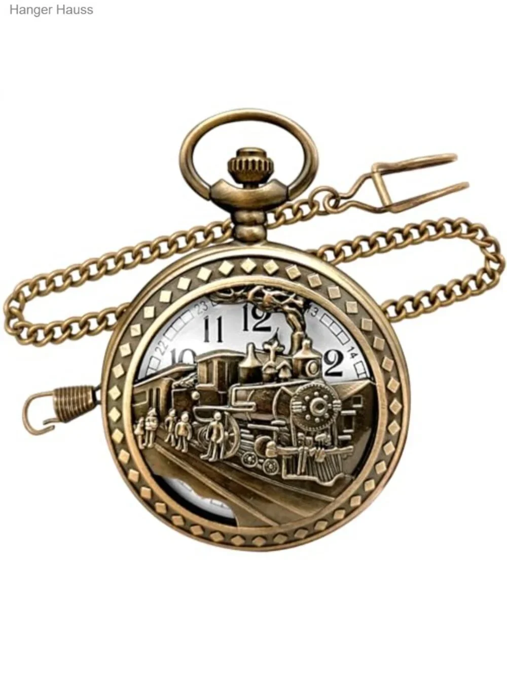 Vintage Bronze Steam Train Mens Quartz Pocket Watch with Chain